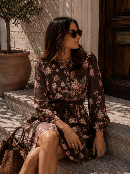 Hovedbilde Vila Vielma Balo-Neck Blomstrete Kjole Brun ...