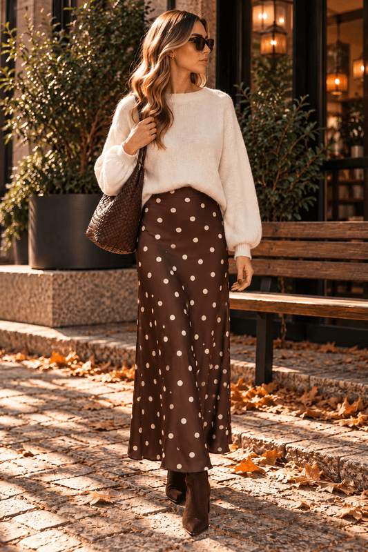Vila Viellette Satengskjørt Coffee Bean Sandshell Dots